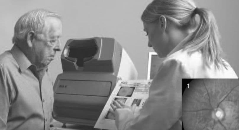 A patient at a retinal imaging device while a technician operates it; an inset shows the resulting scan.