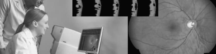 A technician at a retinal imaging workstation, beside a strip of scans and a close-up of a retina.