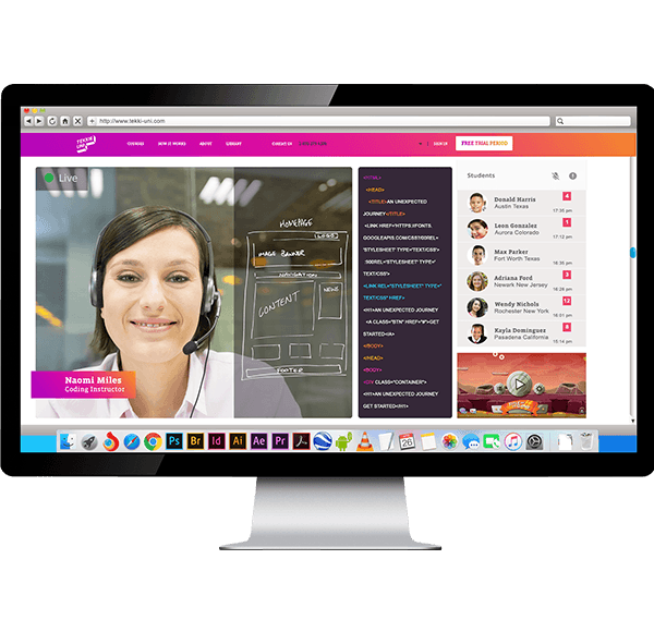 The eTeacher Group virtual classroom: the teacher on video alongside the lesson material and the student list.